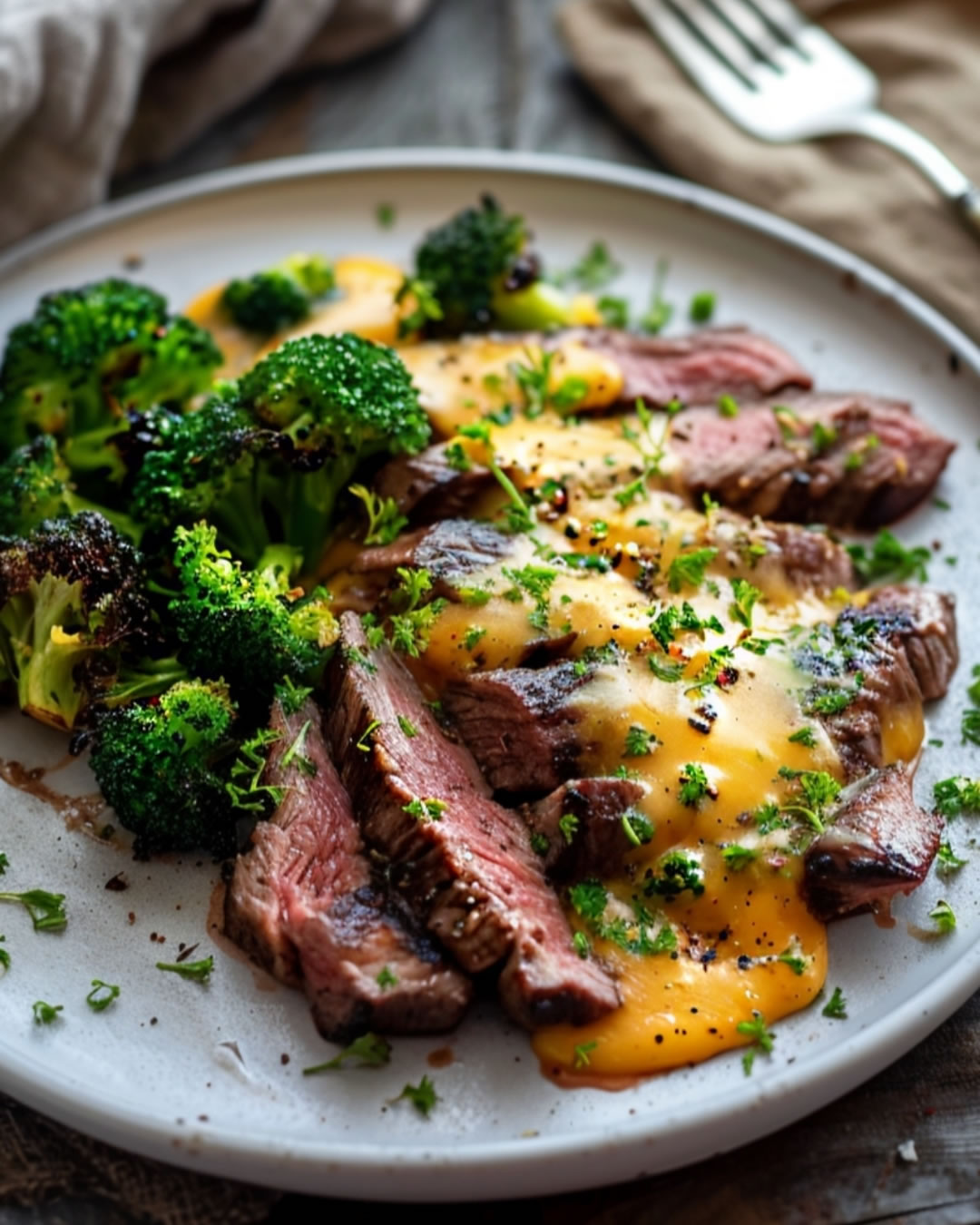 Rumpsteak mit Brokkoli und Cheddar Sauce