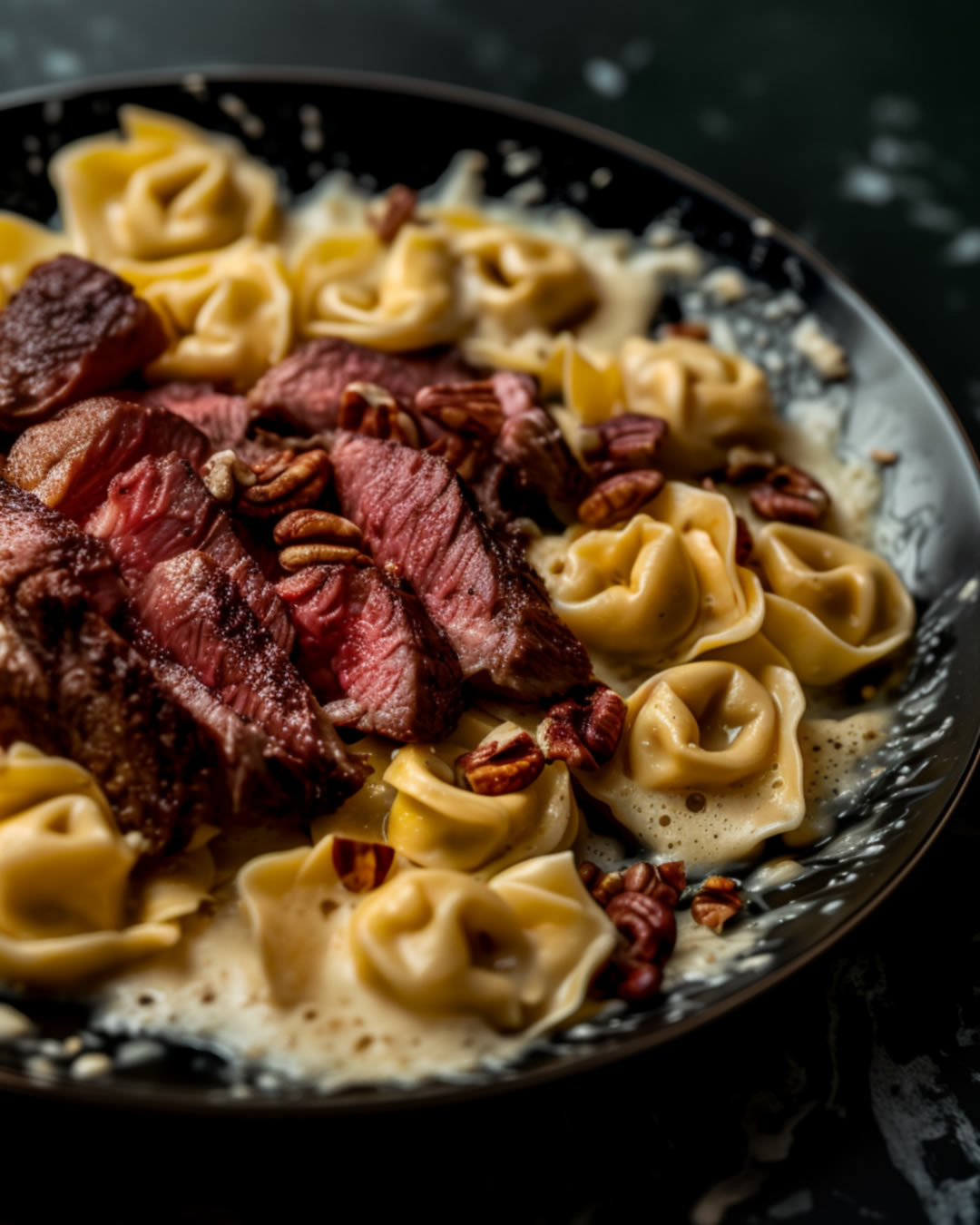 Rumpsteak Streifen mit Tortellini in Chili Sahnesauce